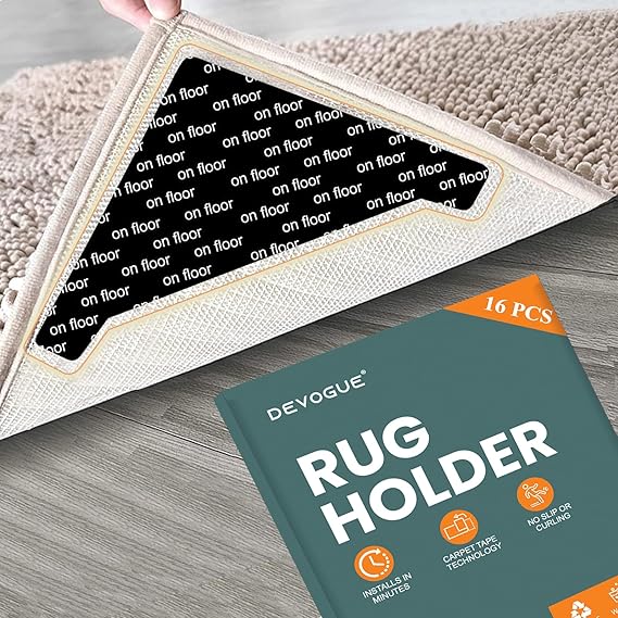 DEVOGUE® 16 PCS Anti-Slip Rug Pads – Dual-Sided Washable & Reusable Rug Pads, Non-Slip Carpet Corner Holders to Prevent Curling – Strong Adhesive Rug Tape for Hardwood, Tile & Laminate Floors