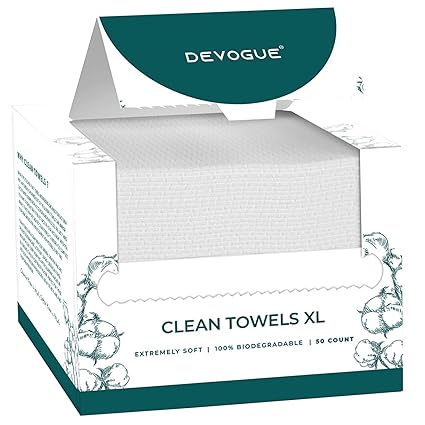 DEVOGUE® Disposable Face Towels – 50 Count, XL (10" x 12") – 100% Viscose Fiber – Ultra-Soft, Gentle on Sensitive Skin – Makeup Remover & Facial Cleansing Wipes